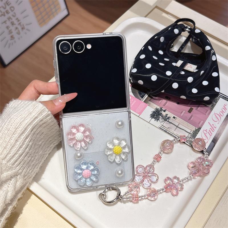 3D Daisy Flower Glitter Clear Case For Samsung Galaxy Z Fold 7 6 5 4 Cute Floral Pearl Shockproof Cover With Pink Beads Wrist St