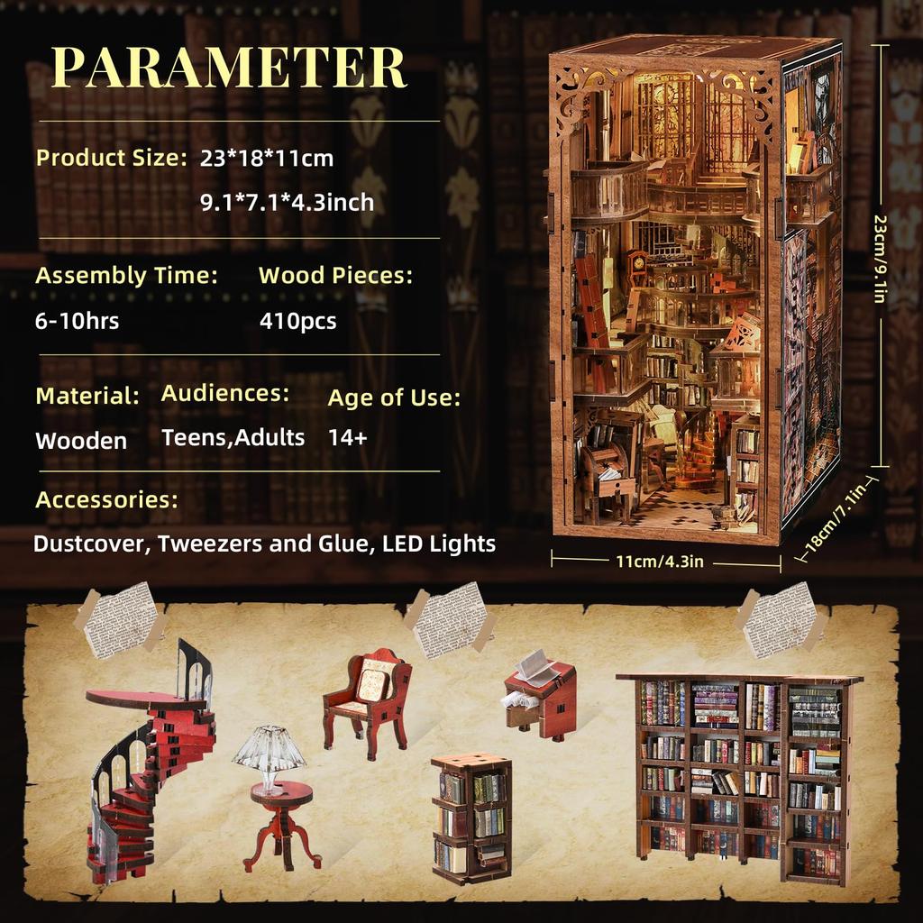 MiniCity DIY Book Nook Dollhouse 3D Miniature House BookNook Wood Craft Bookend Decoration with Perfect Gift for Teens and Adults Kit, Kit, Kit, LED,