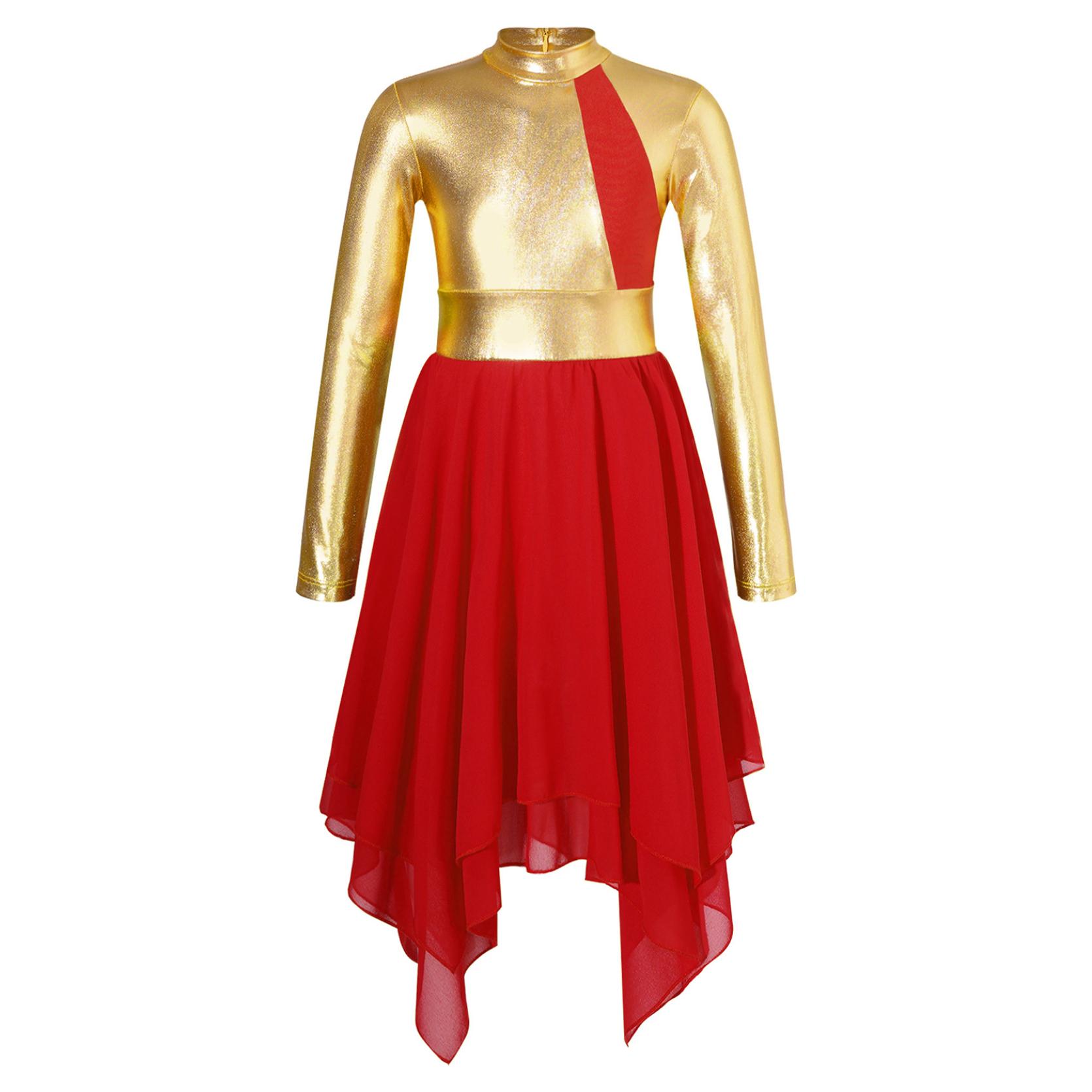 

Детское бронзовое тканевое платье с длинными рукавами для девочек, асимметричное лирическое танцевальное платье, балетная танцевальная одежда, костюмы для выступлений 9-10 Years красный