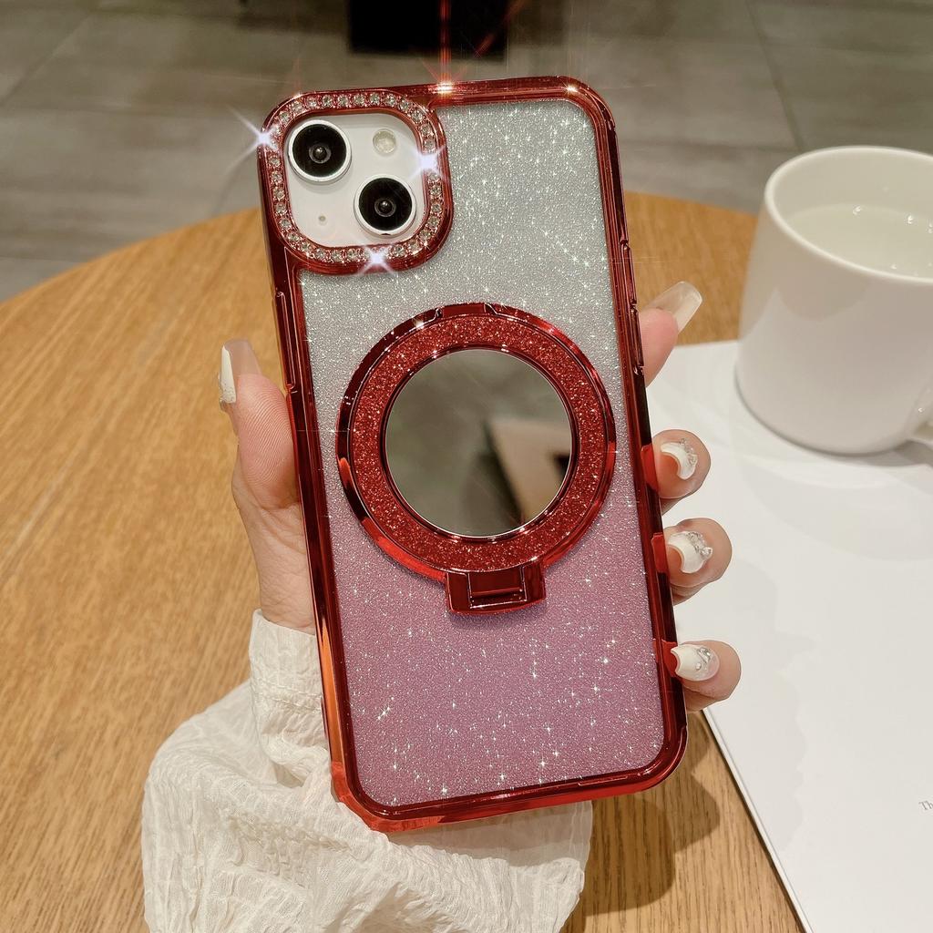 Applicable To IPhone15promax Mirror Magnetic Stand, Phone Case, IPhone 14 Lens Flash, 13 Gradient Glitter
