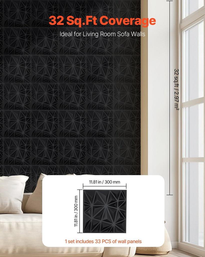 3D Wall Panels 33-Pack 11.81x11.81'' PVC 32 Sq.Ft Coverage Diamond Black