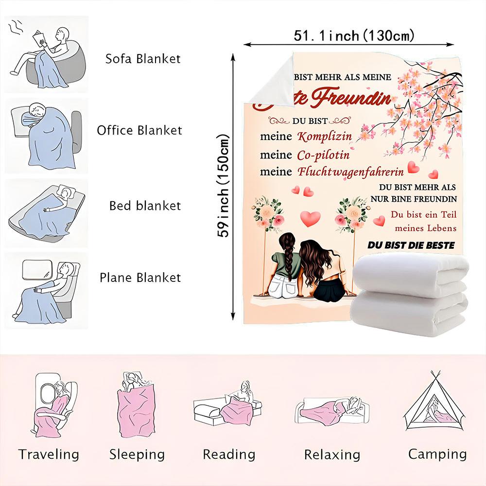 Friendship Blanket - Light peach background with German greeting 'DU BIST MEHR ALS MEINE Beste Freundin' and illustrations of tw