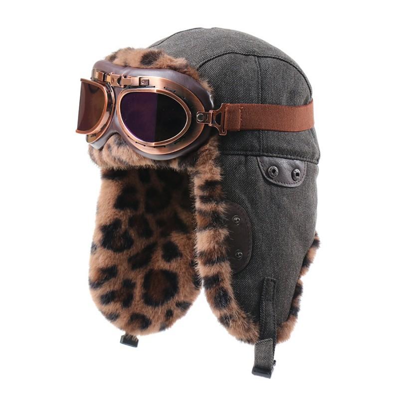 Winter Warm Fleece-Lined Canvas Beanie Hat With Ear Protection Leopard Print Unisex Outdoor Windproof Cap