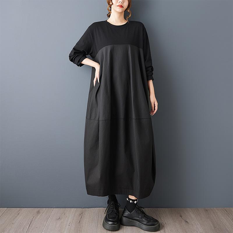 2026 Spring Retro Black Long Sleeve Patchwork Loose Fit Dress L чёрный