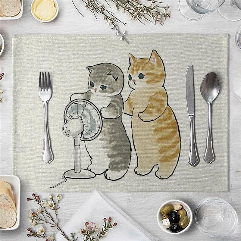 Mantel Individual Para Mesa de Comedor Lindo Gato Dibujo Animado Animal Estera Posavasos Creativo Estampado Resistente al Calor Accesorios de Cocina Comedor Almohadilla Caliente