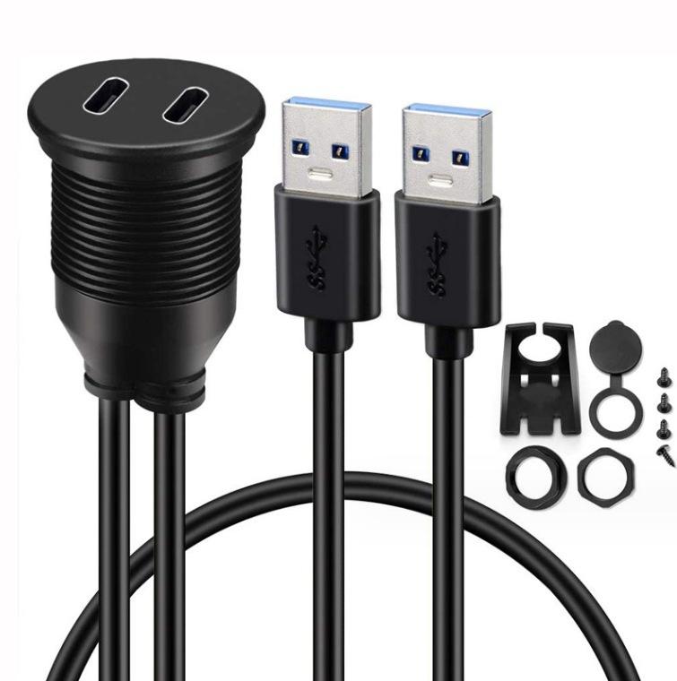 

1m Dual Port USB 3.0 Male To TypeC Female Car Mount Flush Cable Waterproof Extension Cable for Truck Motorcycle Dashboard Panel 1m чорний