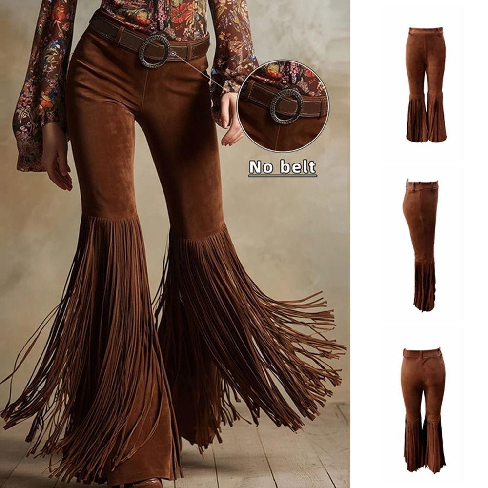 Solid Color Suede Tassel Pants Fringe Hem Slim Fit Flare Pants Retro High Waist Trousers  Party
