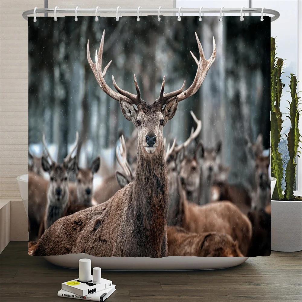 Deer Bathroom Shower Curtain Elk Highland Cow Peacock Forest Mountain Animal Polyester Hanging Curtains Home Bathroom Decor Set