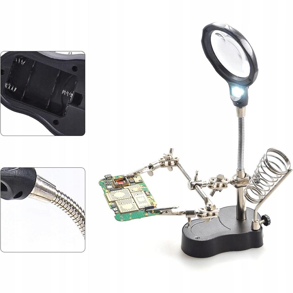 Third hand with magnifying glass 3.5x 12x TE-801 | LED 2x | Soldering iron holder | Adjustable crocodile clips | Stable base 10x6cm | Height 26cm