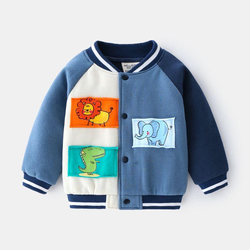Spring and Autumn Boys Fleece Long Sleeve Children s Clothing Children s Casual Outwear round Neck Baseball Uniform Baby Patch Elephant Clothes Denim Blue Cartoon Patch Baseball Shirt 130 cm