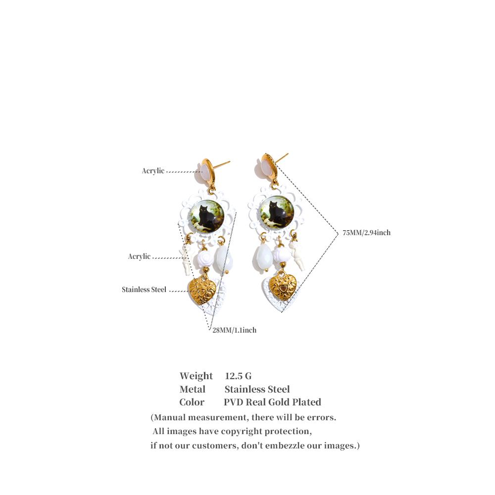 Eetit Vintage Acrylic Crystal Cat Angel Heart Drop Earrings for Women 2025 Stylish Unique Design Stainless Steel Retro Jewelry