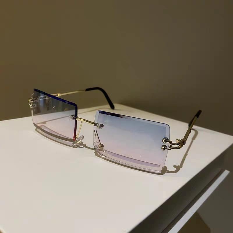 2PCS Small Square Cut Edge Sunglasses for Women Fashion Frameless Gradient Sunglasses for Sunshade for Men