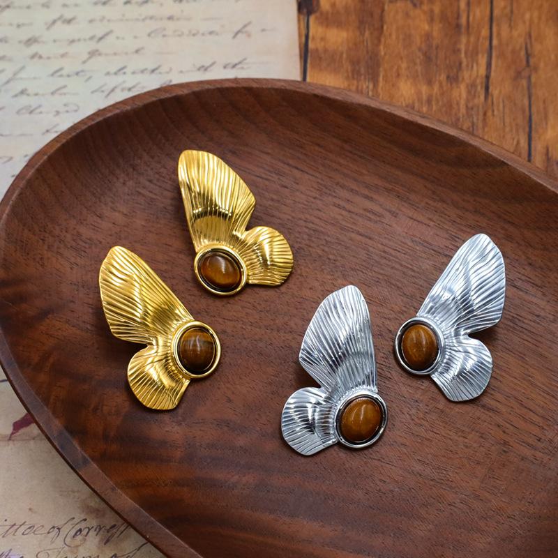 New Niche Exaggerated Tiger'S Eye Stone Inlay Design Earrings Stainless Steel Flower Studs Fashion Temperament Earrings