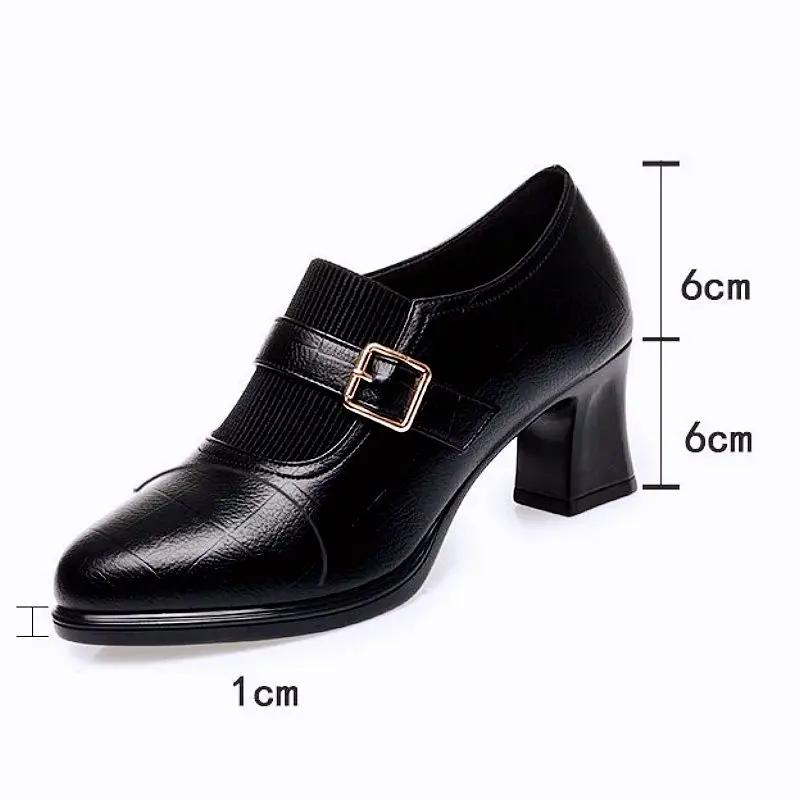 6cm Comfortable Deep Mouth Soft Leather Shoes Women Pumps 2025 Spring Med Block Heels Shoes for Office Mom Model Daily