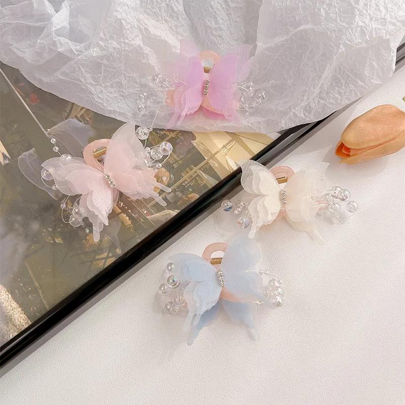 New Rhinestone Butterfly Small Grab Clip for Women Sweet Temperament Tie Hair Shark Clip Fashion Girl Hair Accessories