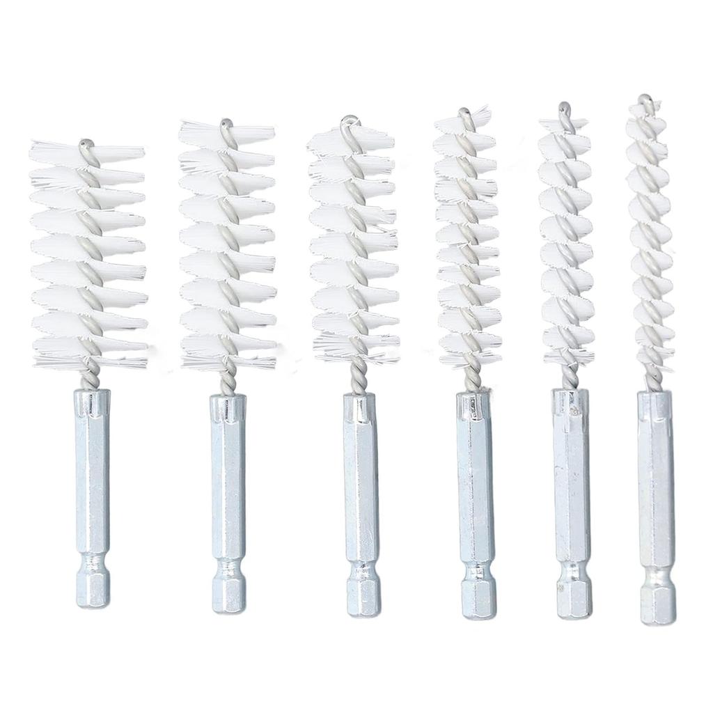 Bore Cleaning Brush Set, 6 Pieces with 1/4in Hex Shank, Wire Brush for Drill or Impact Driver (Nylon, White)