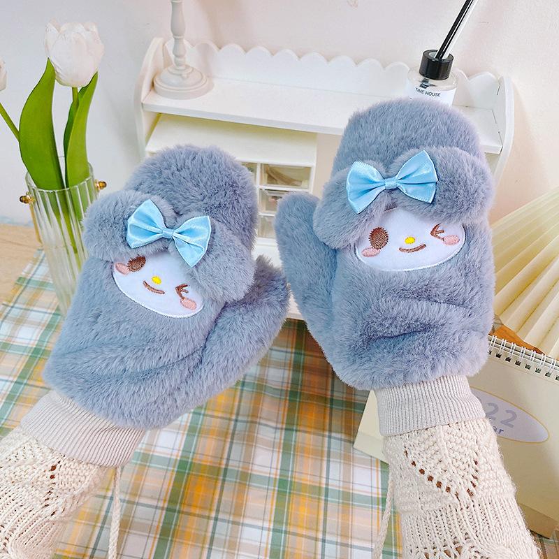 Gloves Women's Winter Versatile Cute Girl Warm Bag Finger Finger Student Windbreak Rope Plush Neck