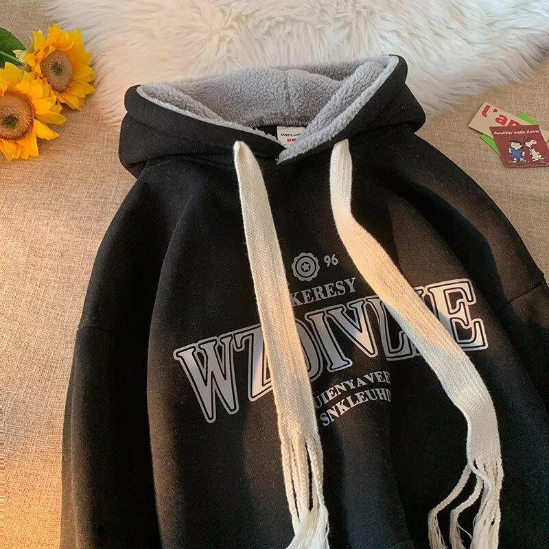 American Retro Couple s Hoodie: Letter Print, Loose Fit, Velvet-Lined, Thickened Jacket – Trendy Casual Lazy Style Sweatshirt M