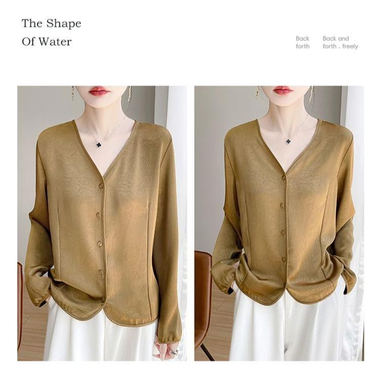 Women's Luxury Satin Blouse Long Sleeve Loose V-Neck Shirt Spring and Summer
