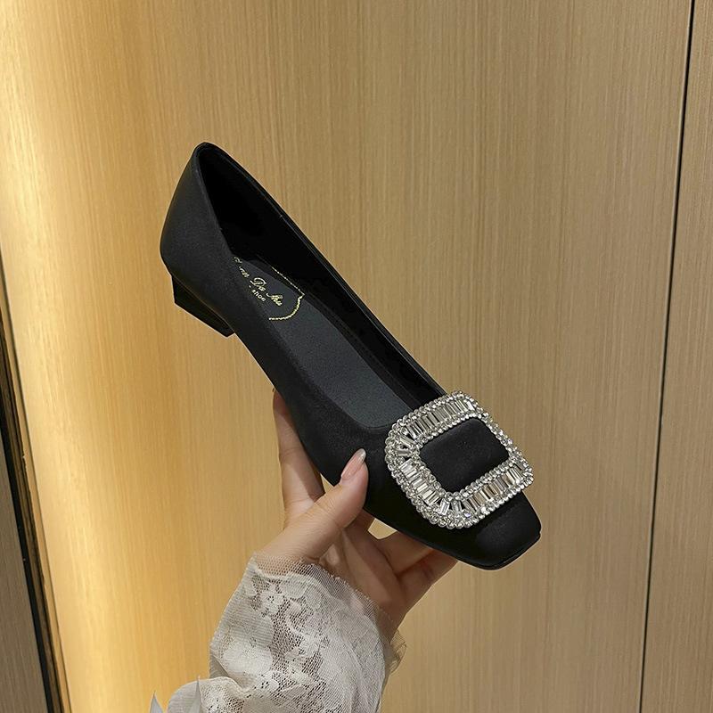 Rv Silk Satin Rhinestone Light Mouth Comfortable Ladyshoes Thick Heel Square Head Single Shoes Women'S Buckle Large Size Women'S Shoes