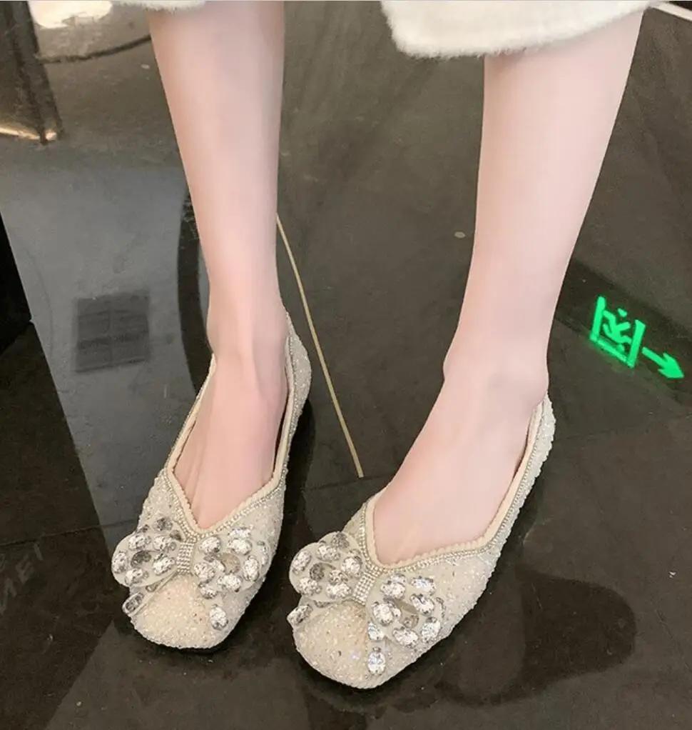 2024 Spring Woman Elegant Square Toe Sequins Kawaii Ballet Flats Designer Luxury Mary Jane Female Shoes Party Shoes