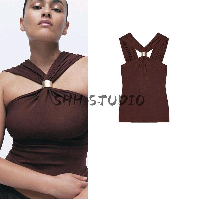Spring New Women's Clothing French Style All-Matching Gold Inlaid Wide Shoulder Strap Hanging Collar Knitting Tops 4938116