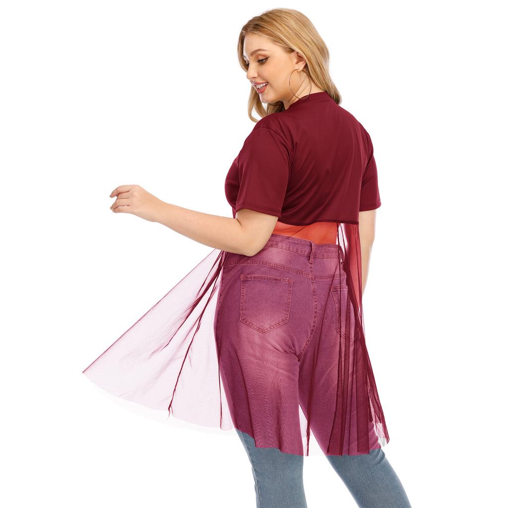 חולצת טריקו לנשים קיץ מידה גדולה סקסית שקופה חיבור רשת צוואר עגול אופנה חולצת טריקו חולצות שרוולים קצרים