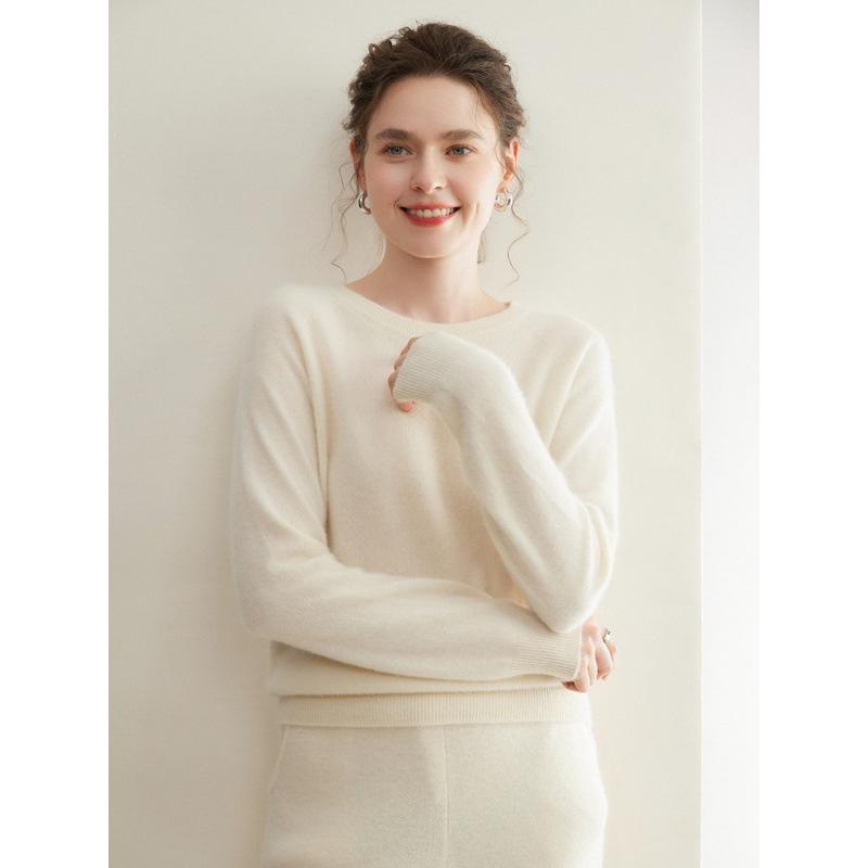 Women's 100% Pure Cashmere Round Neck Seamless Knit Sweater with Raglan Sleeves
