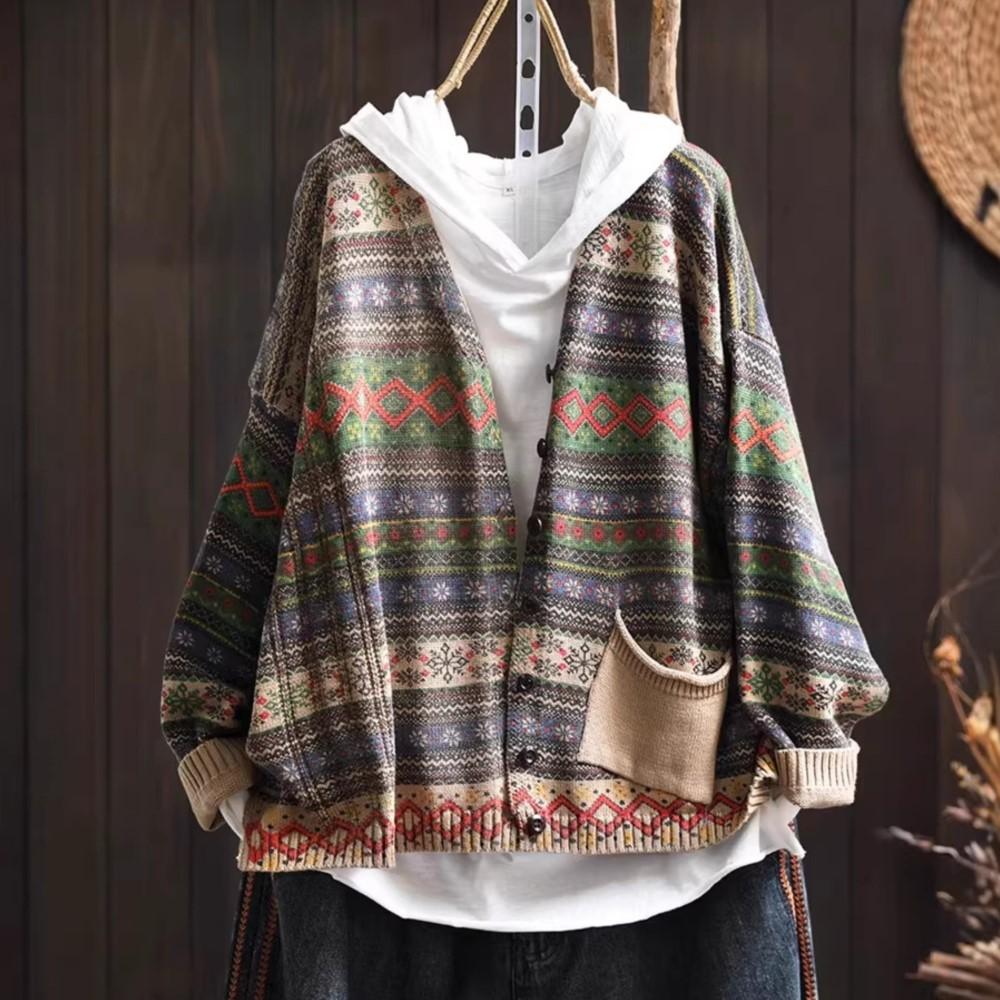 Johnature Women Vintage Sweaters Striped Print Floral Spring Chinese Style V-Neck Long Sleeve Knitted Sweaters