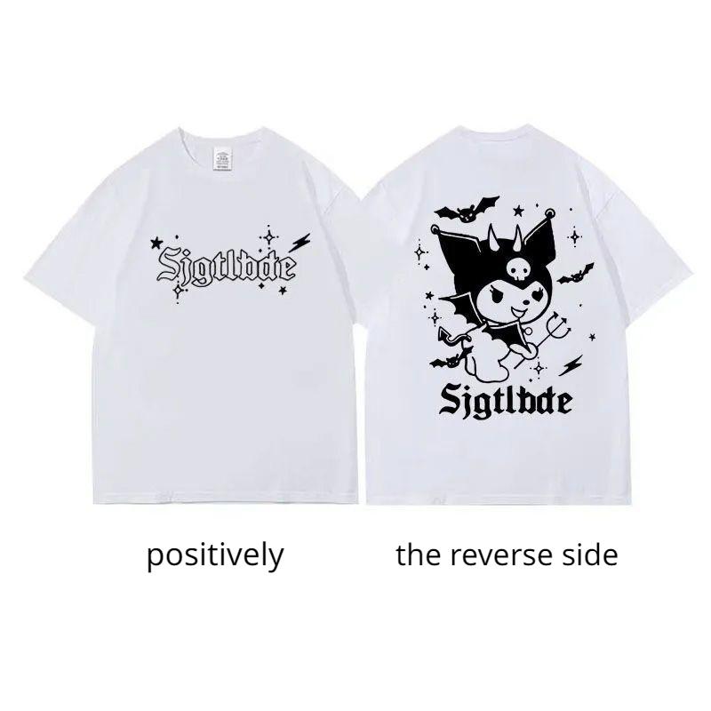 2026 Sanrio Kuromi Cartoon Girls Loose Cotton Printing Short Sleeve Casual Womens summer loose and fashionable style S