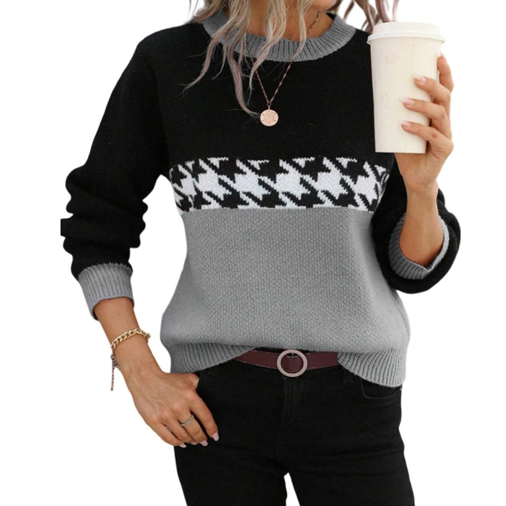 Women's Casual Round Neck Colorblock Pullover Sweater Geometric Long Sleeve Contrast Color Top