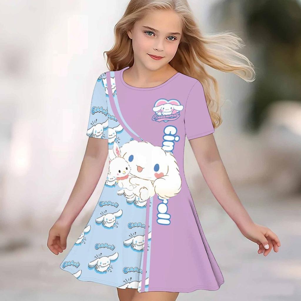 Girls 3D Print Dresses Kids Girl Party Short Sleeve Princess Dress Tank 3D Cute Cartoon Print Dress