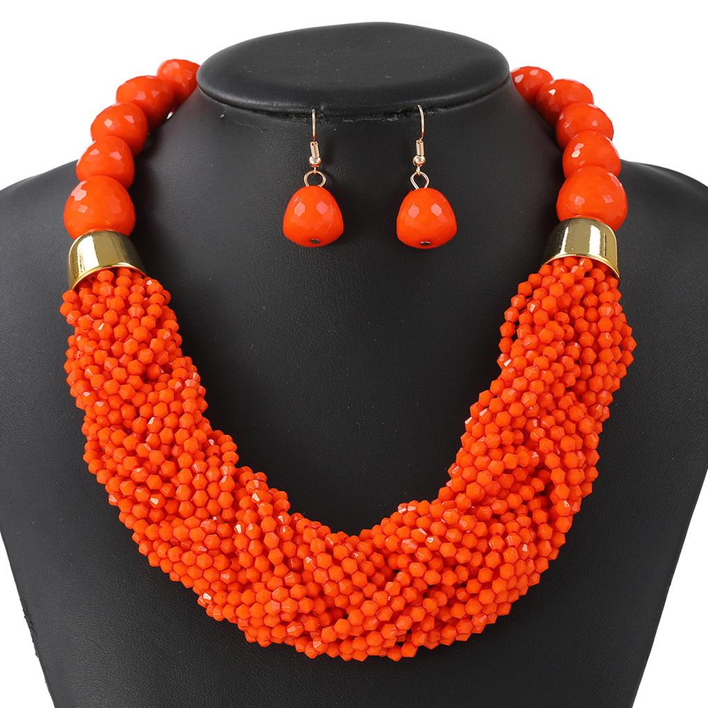 Bohemian Layer Beaded Necklace and Earrings Set Plastic Jewelry for Women Music Festival Beach Party Accessories
