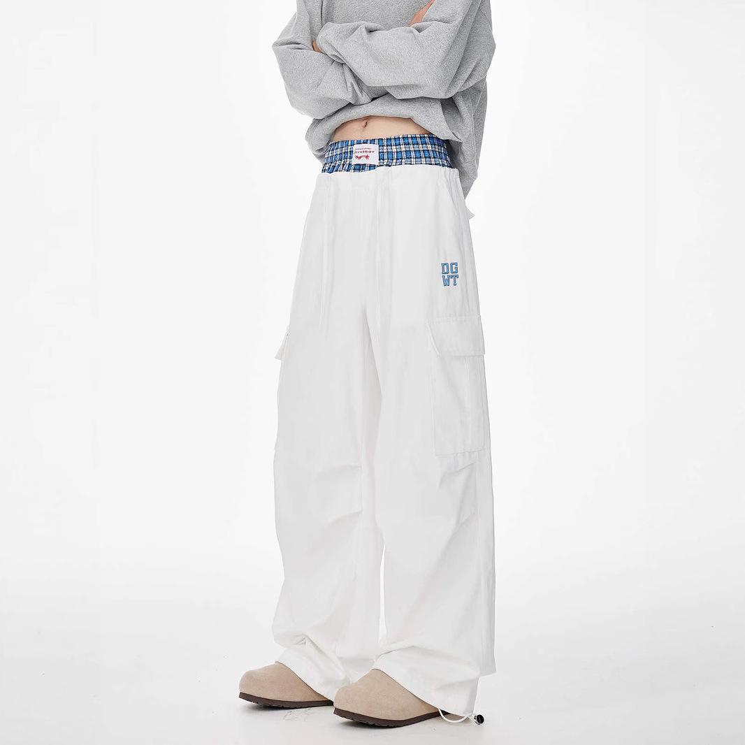 

New American Style Waist Plaid Work Pants for Men and Women Fashion Brands Loose Hip-hop Couple Sports 3XL белый