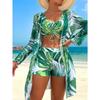 Costume da bagno da donna a tre pezzi stampato con copricostume in rete e pantaloncini per vacanze al mare