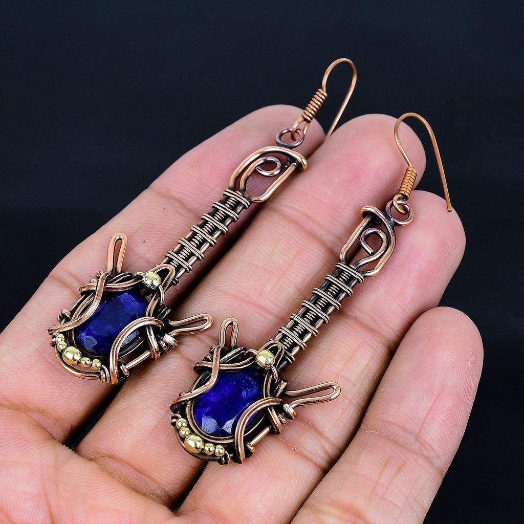 Blue Sapphire Earrings, Handmade Gemstone Earrings, 999 Copper Wire Wrapped Earrings Antique Jewelry, For Engagement Gift
