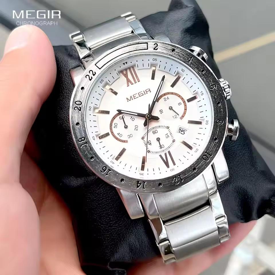 Megir 3008G 3008 Business Men's Dress Big Wrist Watches Chronograph Clock Stainless Steel Band 24 Hours Quartz Stop Watch Man
