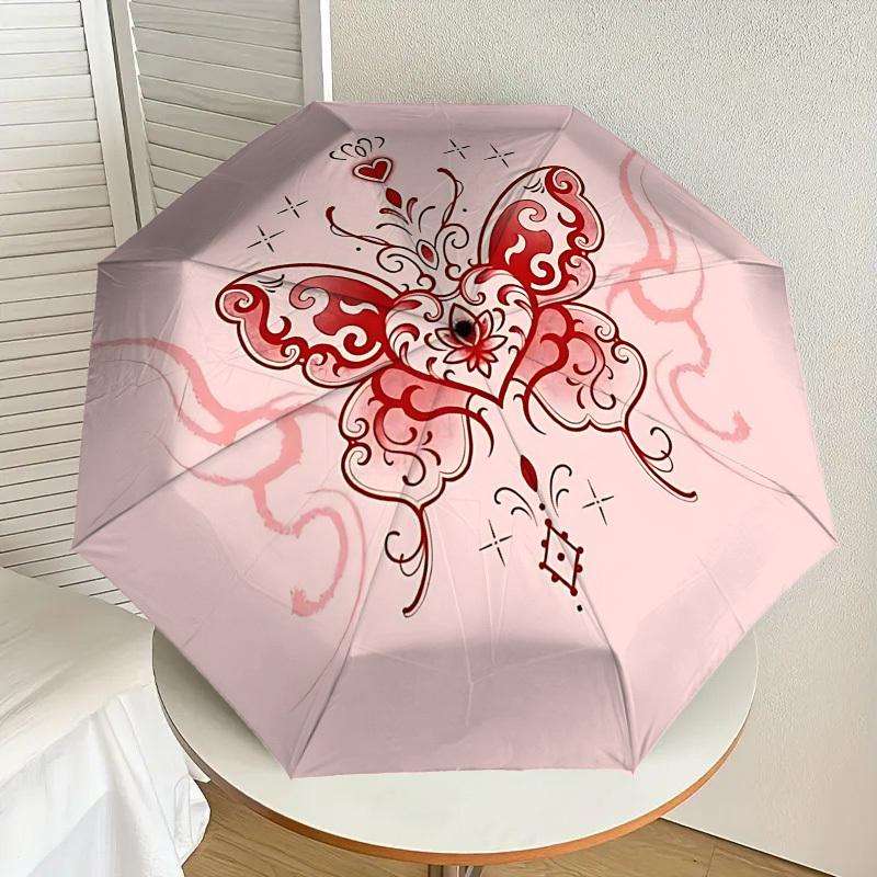 1pc Butterfly Heart Automatic Folding Umbrella 8 Rib Iron Frame,  Suitable for Travel, Daily Use, Birthday, Women & Men Gift c1231067