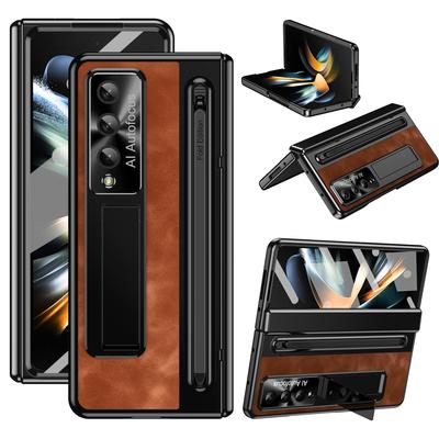 Leather Bracket Pen Slot With Stylus Case For Samsung Galaxy Z Fold 6 5 4 5G Glass Screen Hinge Protection Cover For Fold6 Fold5