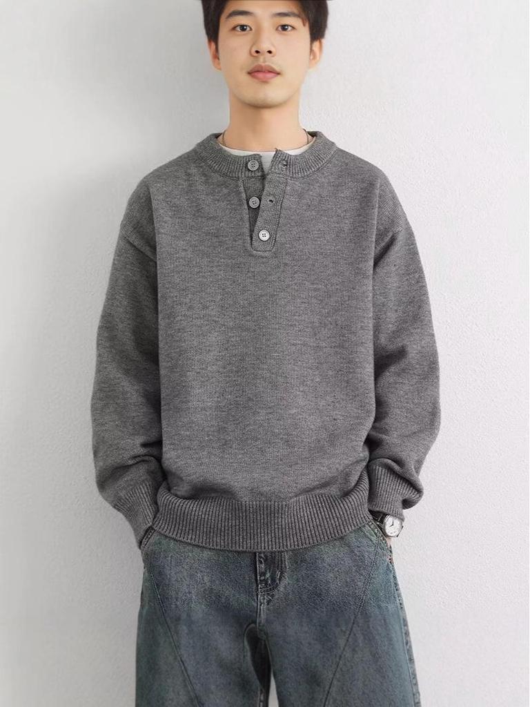 2025 Men's High-Quality Solid Color Retro Henley Knitwear for Autumn/Winter