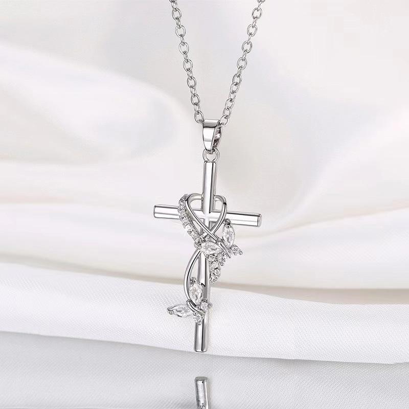 Silvery Color Plated Necklace Jewelry Women Wedding  Cross CZ Crystal Zircon Stone Pendant Christmas Gift