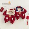 2025 New Year's Baby Romper: Embroidered Velvet with Pom-poms - Super Cute Winter Newborn Outfit for Chinese New Year.