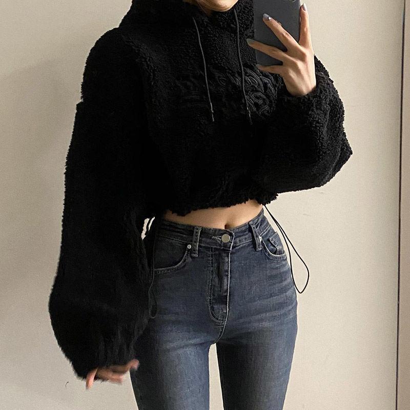 Lammwolle Kapuzenpullover Damen Kordelzug Locker Lässig Kurze Plüschjacke Verdickt und Samt Herbst und Winter Neu