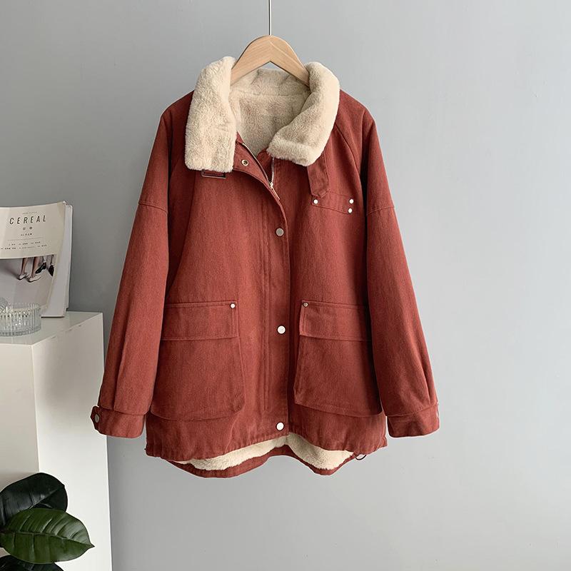 

Женская осенне-зимняя джинсовая куртка с длинным рукавом и воротником-стойкой, пушистая повседневная шикарная куртка, свободная куртка на молнии L бордовый