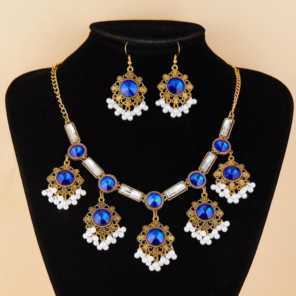 European & American Ethnic Geometric Gemstone Jewelry Set: Necklace & Earrings