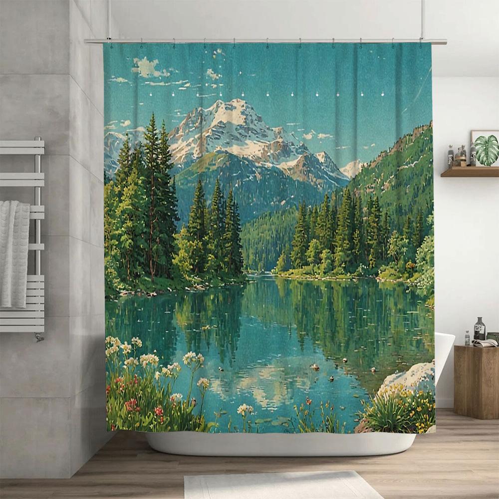 Nature Landscape Shower Curtain Floral Forest Mountain View Backdrop Waterproof Bathroom Decor Vintage Artistic Home Decor