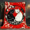 Yin yang black and white cats cherry blossom red background blanket Japanese style art soft flannel throw for bedroom decor