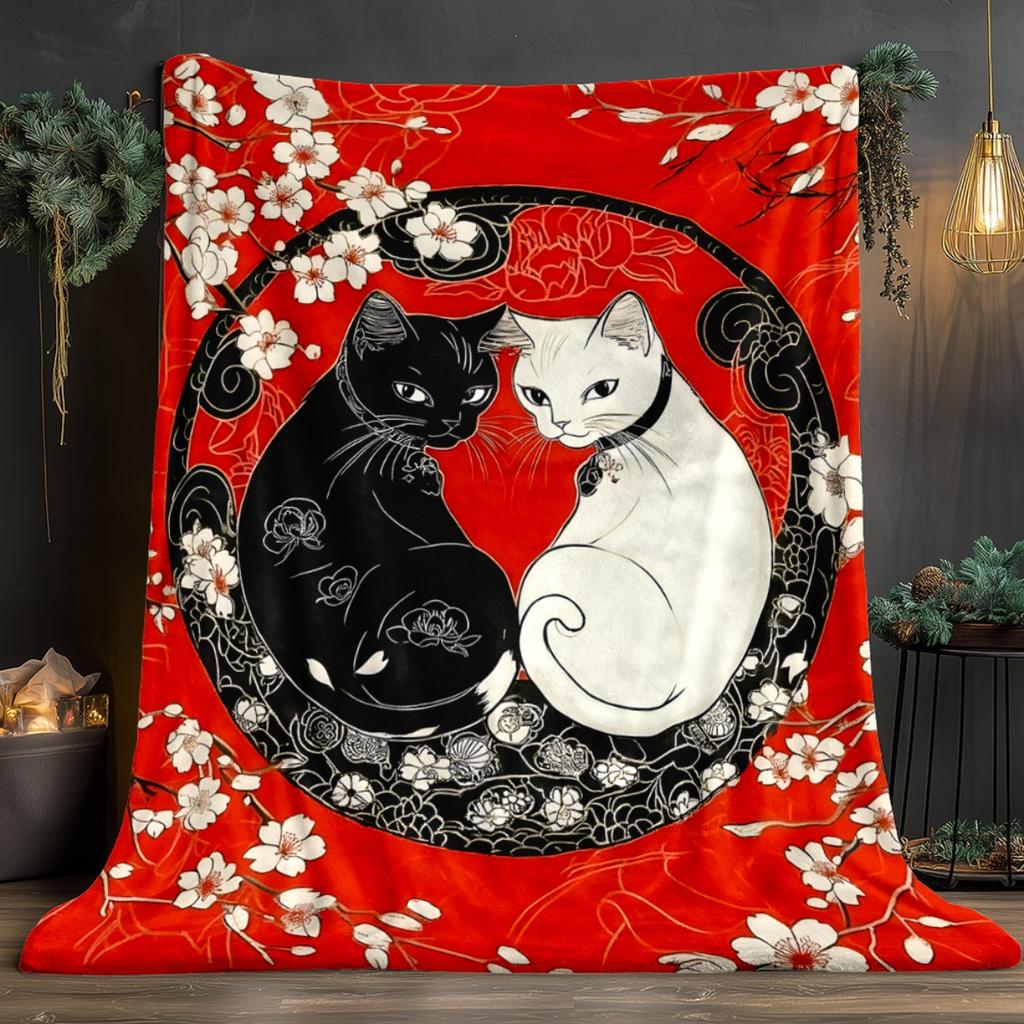 Yin yang black and white cats cherry blossom red background blanket Japanese style art soft flannel throw for bedroom decor