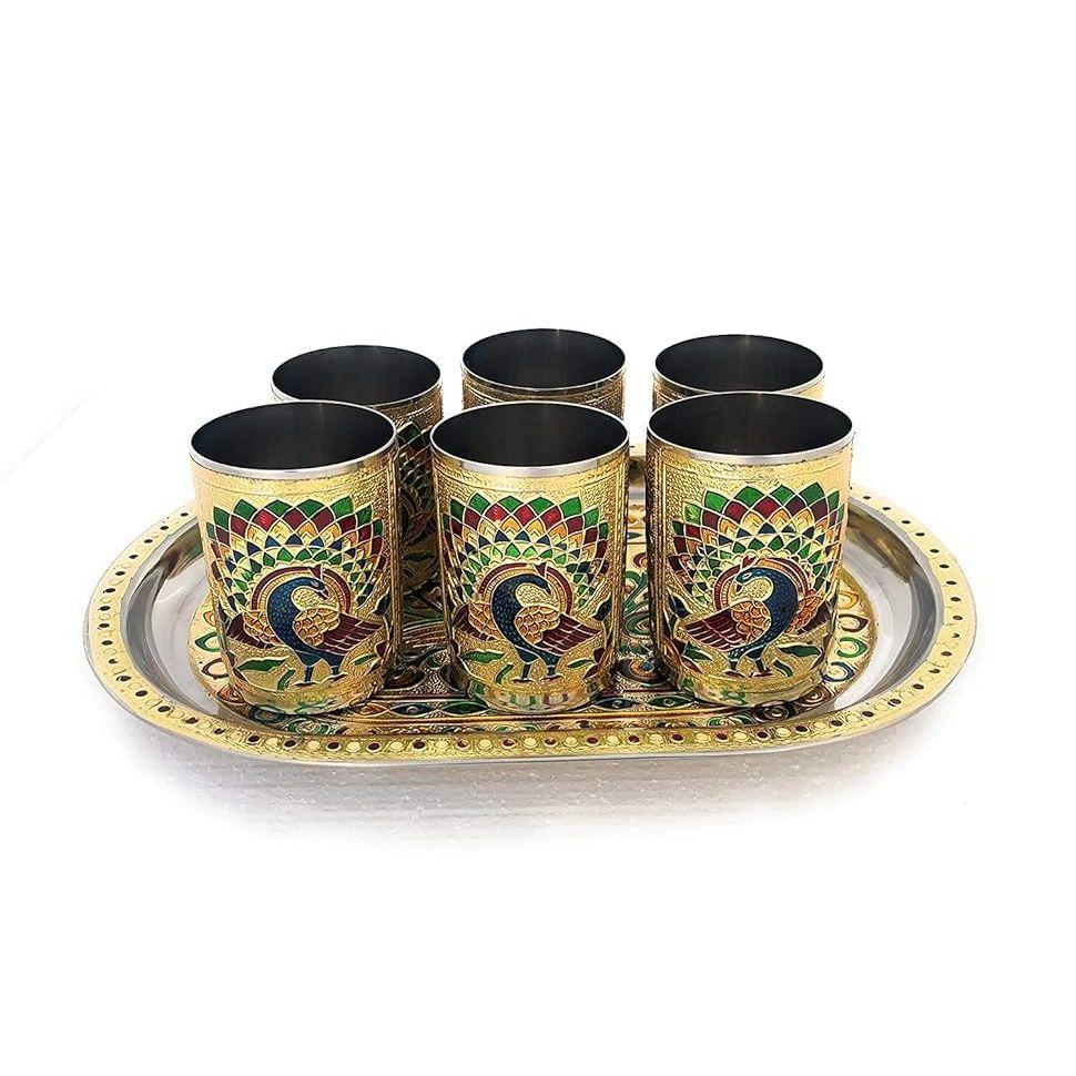 Handicrafts Set of 6 Stainless Steel Glass Indian Handmade Meena Work Peacock Design Golden Color Diwali Christmas Tumbler Gift Set With Serving Tray