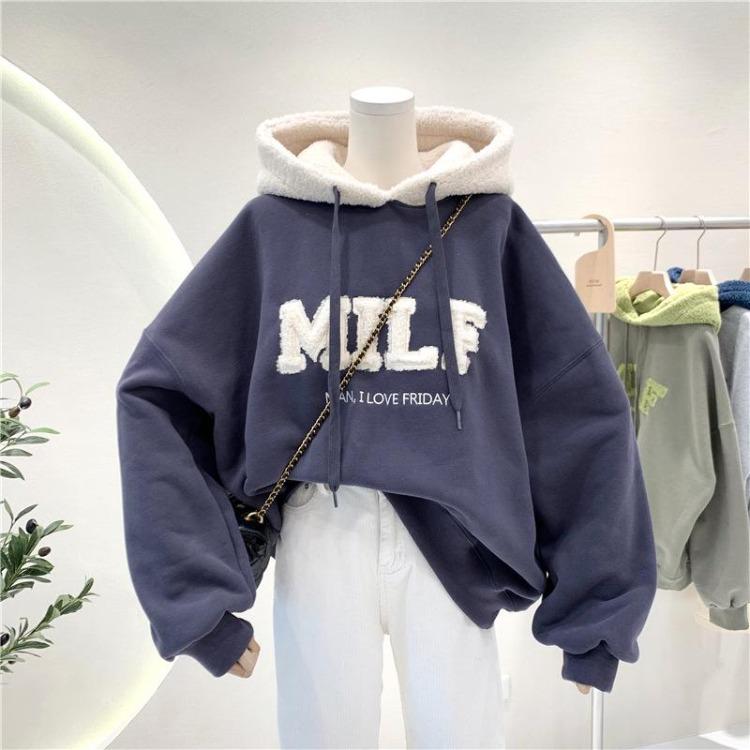 Thickened Padded Women's Loose Hooded Sweatshirt Faux Lamb Flannel Patchwork Clothing